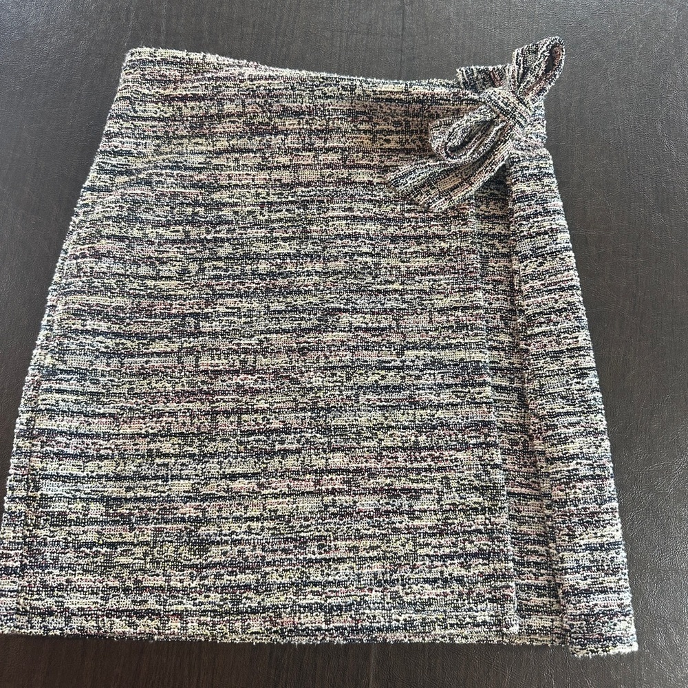 Loft Small Petite Faux Wrap Skirt. Tweed. Pink blue green black and white